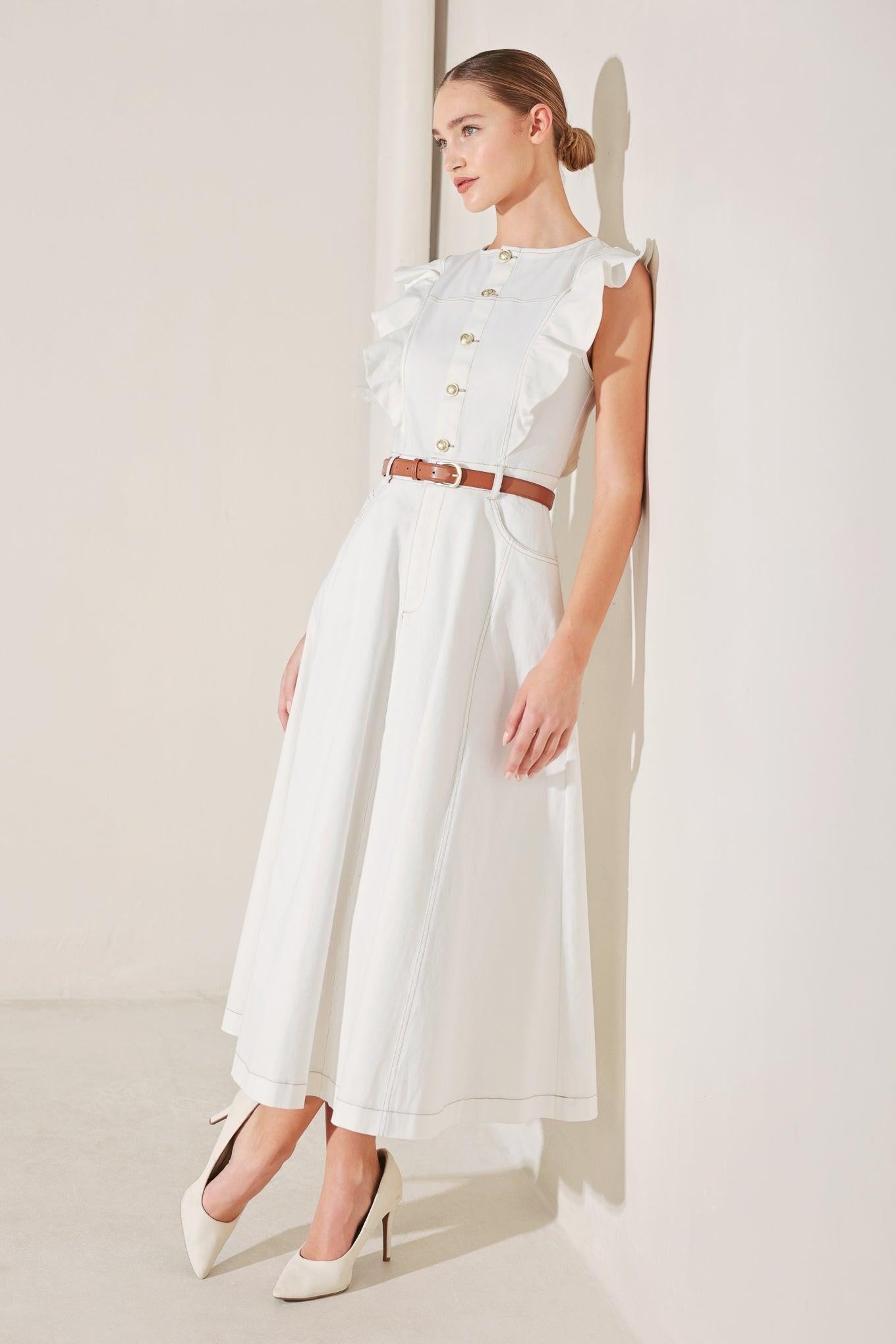Soft Power Story Woven Midi Dress in white, view 7 — Soul Flow Apparel