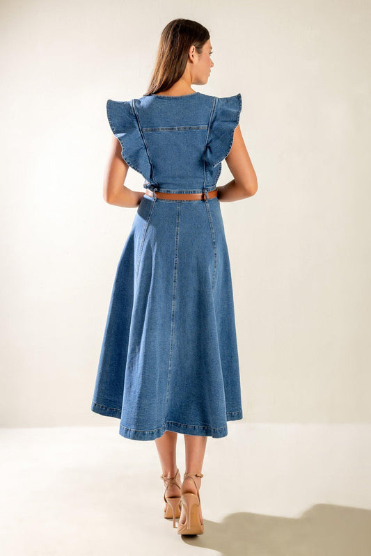 Classic with a Twist Denim Midi Dress in indigo, view 6 — Soul Flow Apparel