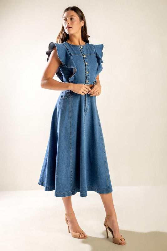 Classic with a Twist Denim Midi Dress in indigo, view 7 — Soul Flow Apparel