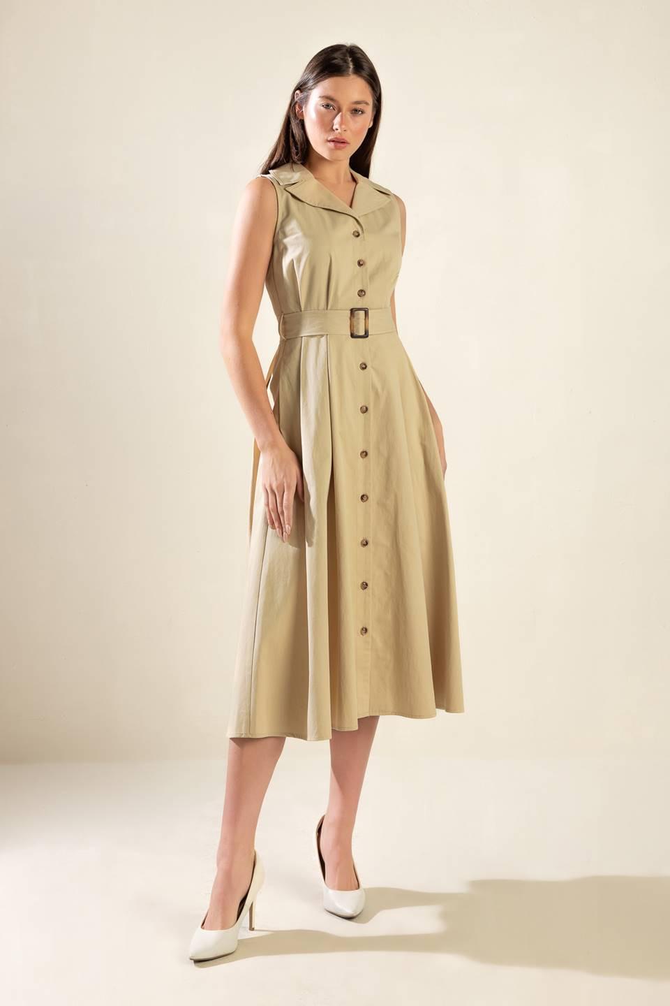 Ideal Approach Woven Midi Dress in beige, view 1 — Soul Flow Apparel