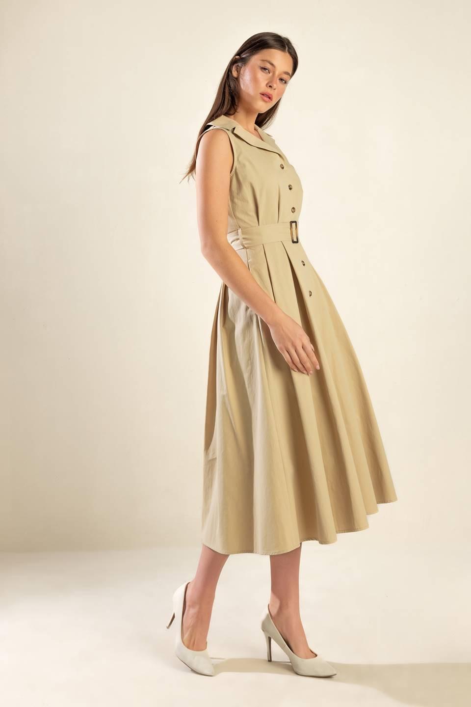 Ideal Approach Woven Midi Dress in beige, view 3 — Soul Flow Apparel