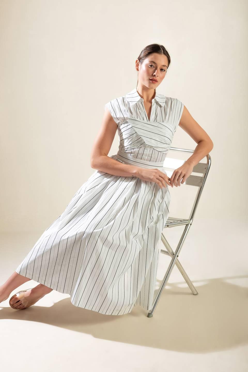 Incredibly Sensational Woven Midi Dress in white black stripe, view 1 — Soul Flow Apparel