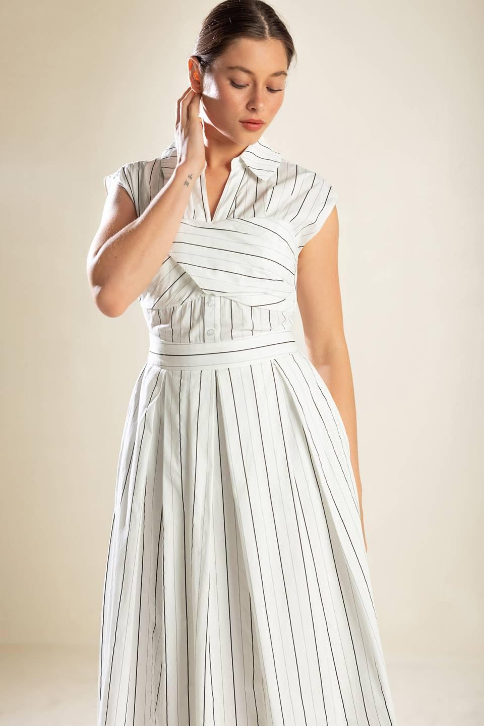 Incredibly Sensational Woven Midi Dress in white black stripe, view 2 — Soul Flow Apparel