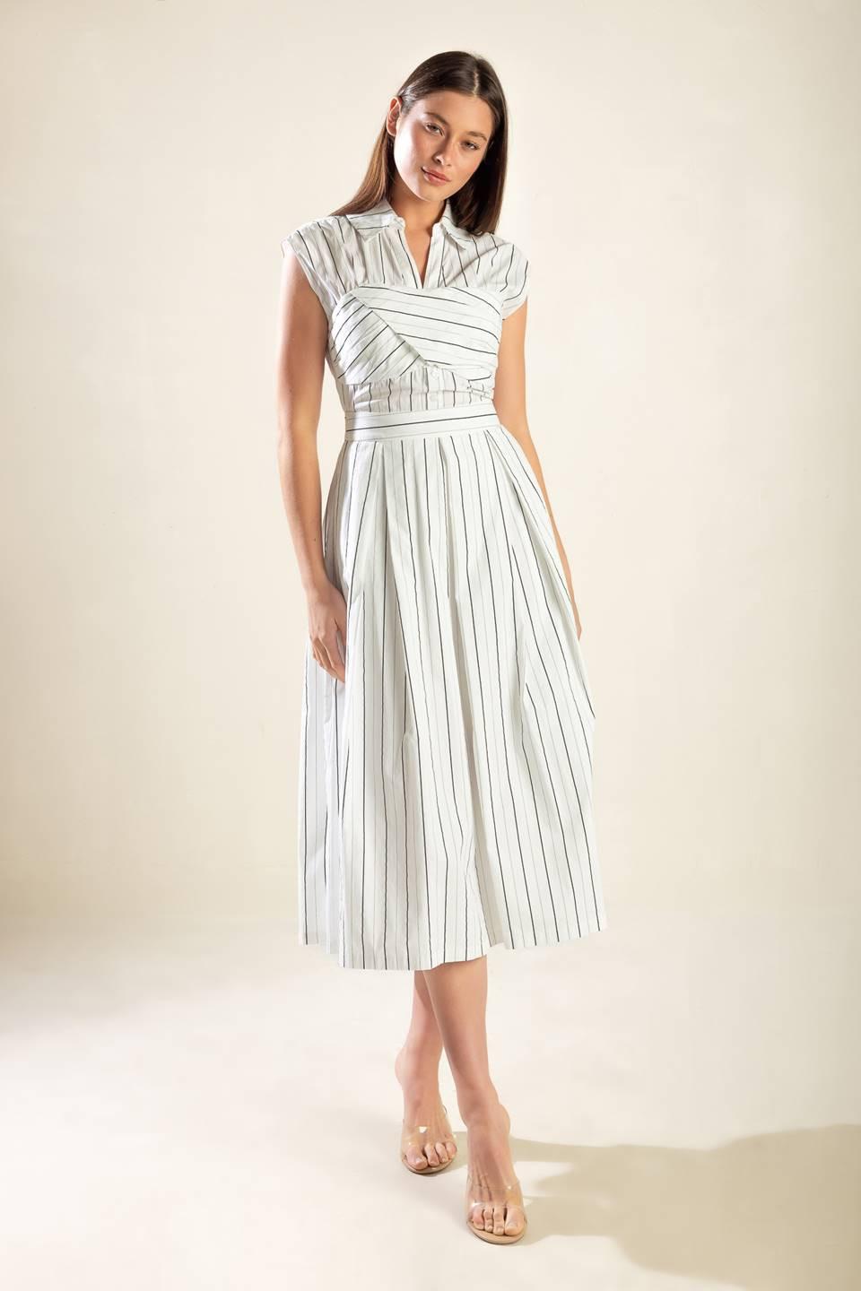 Incredibly Sensational Woven Midi Dress in white black stripe, view 3 — Soul Flow Apparel