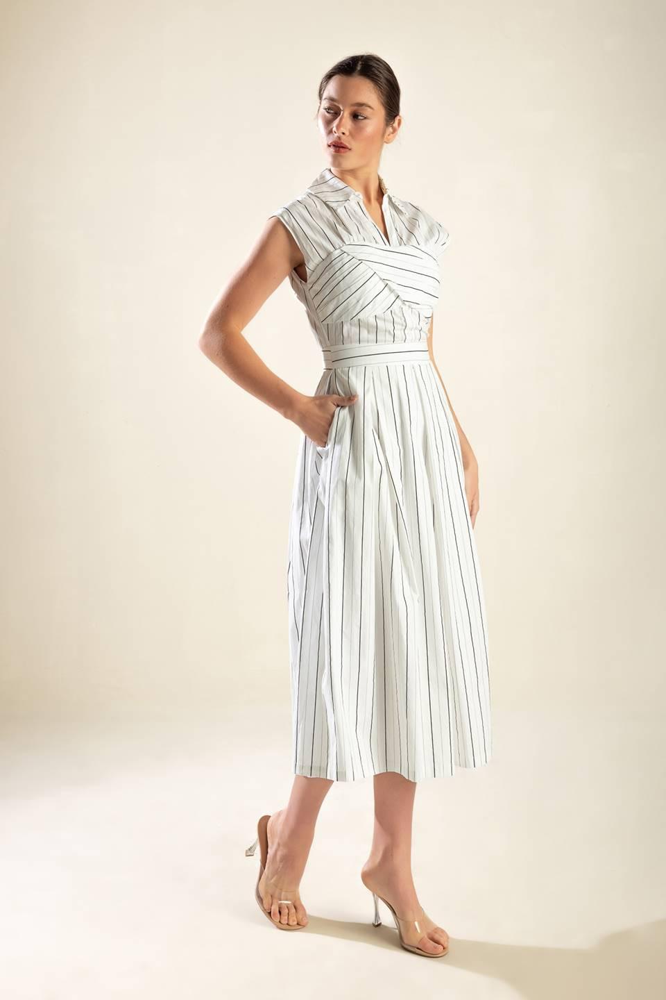 Incredibly Sensational Woven Midi Dress in white black stripe, view 4 — Soul Flow Apparel