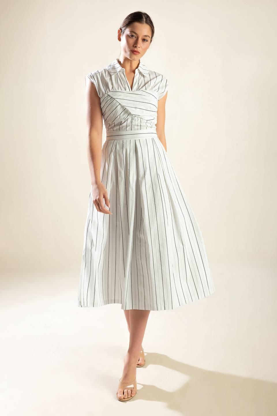 Incredibly Sensational Woven Midi Dress in white black stripe, view 6 — Soul Flow Apparel