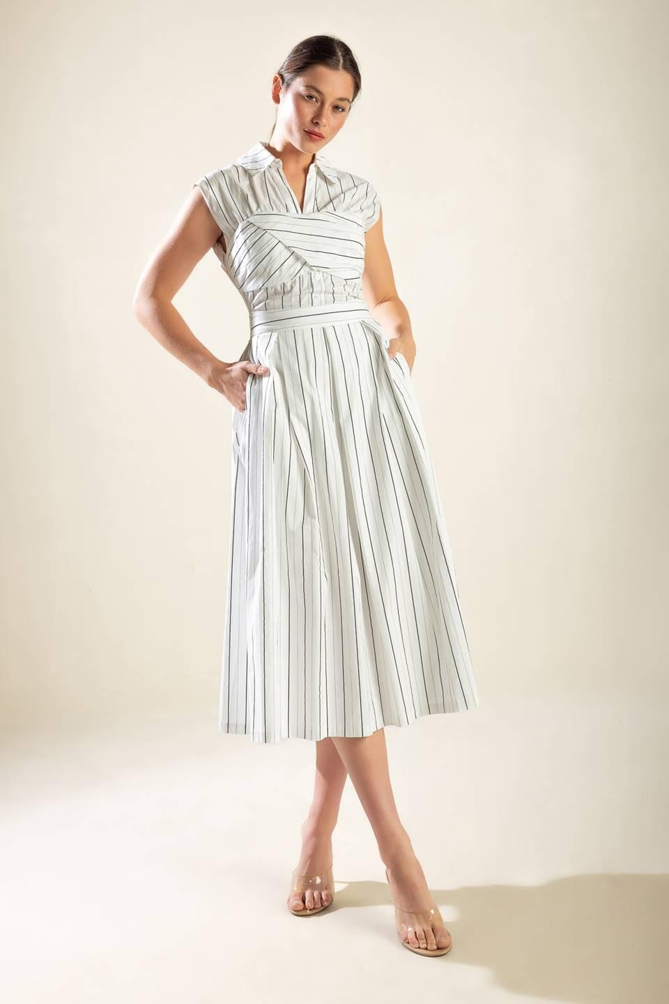 Incredibly Sensational Woven Midi Dress in white black stripe, view 8 — Soul Flow Apparel
