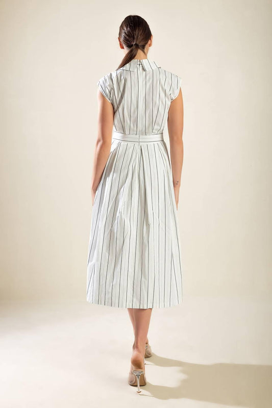 Incredibly Sensational Woven Midi Dress in white black stripe, view 9 — Soul Flow Apparel