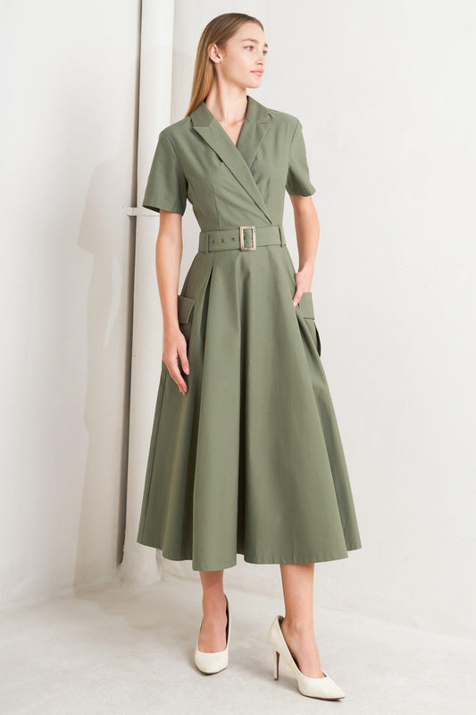 Lost in the Stars Woven Midi Dress in olive, view 1 — Soul Flow Apparel