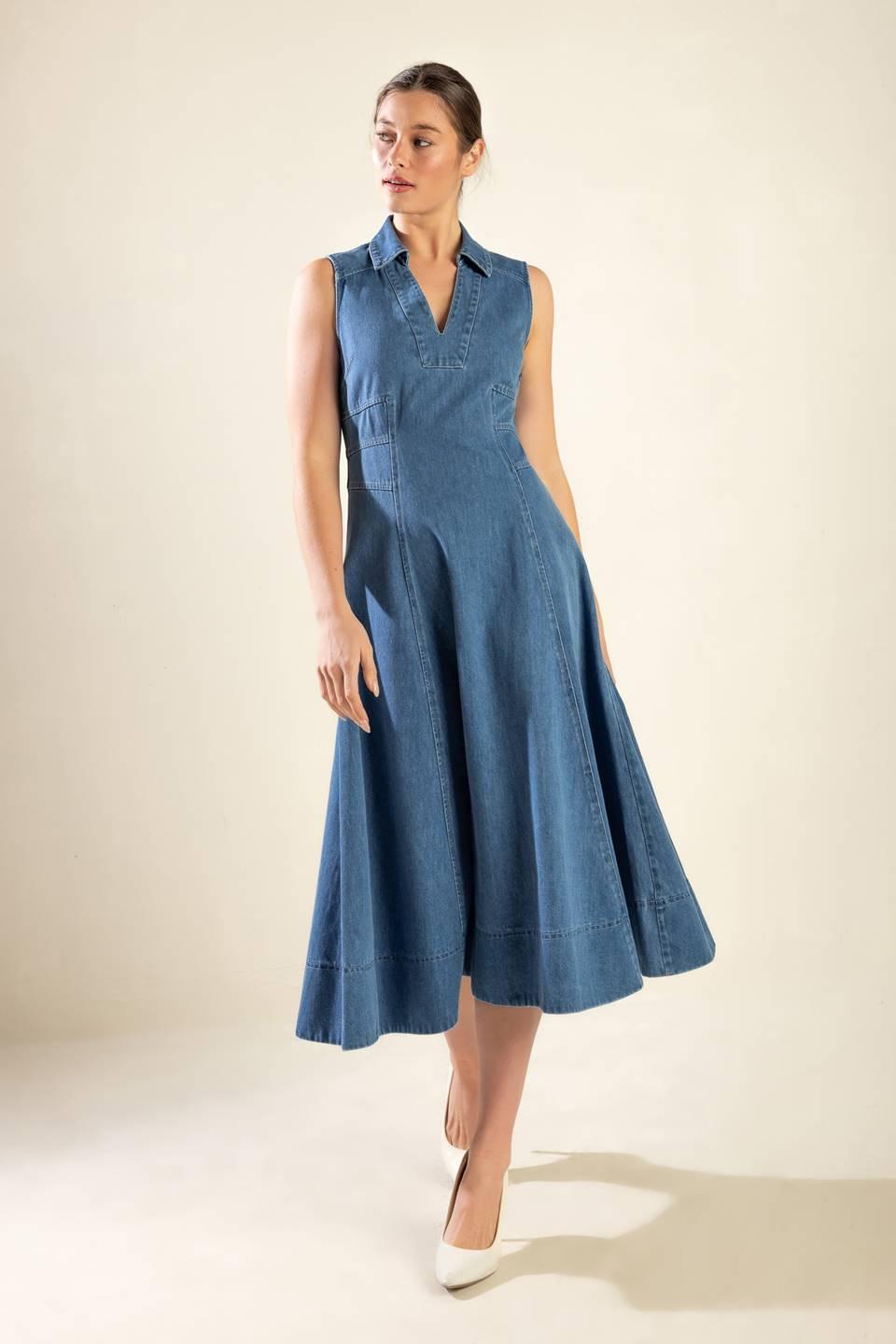 The Genevieve Denim Midi Dress in medium, view 1 — Soul Flow Apparel