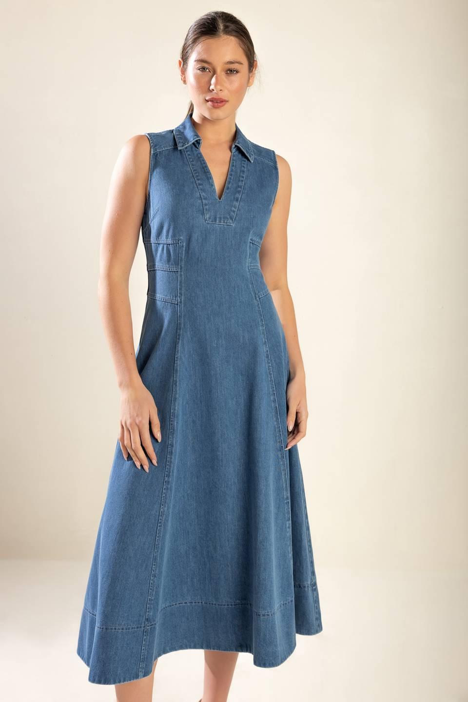 The Genevieve Denim Midi Dress in medium, view 2 — Soul Flow Apparel