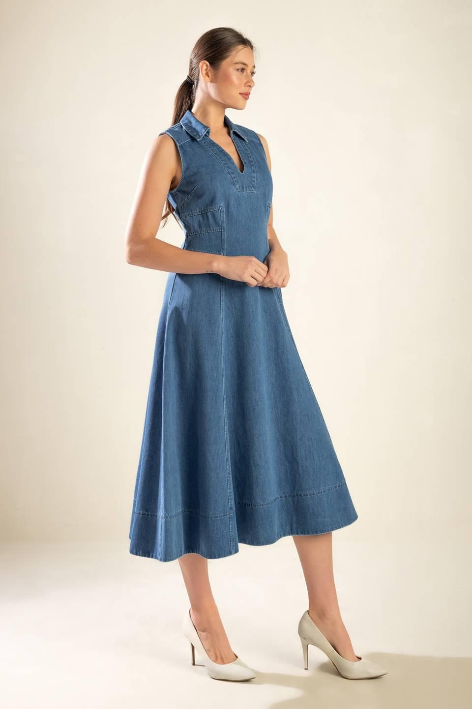The Genevieve Denim Midi Dress in medium, view 3 — Soul Flow Apparel
