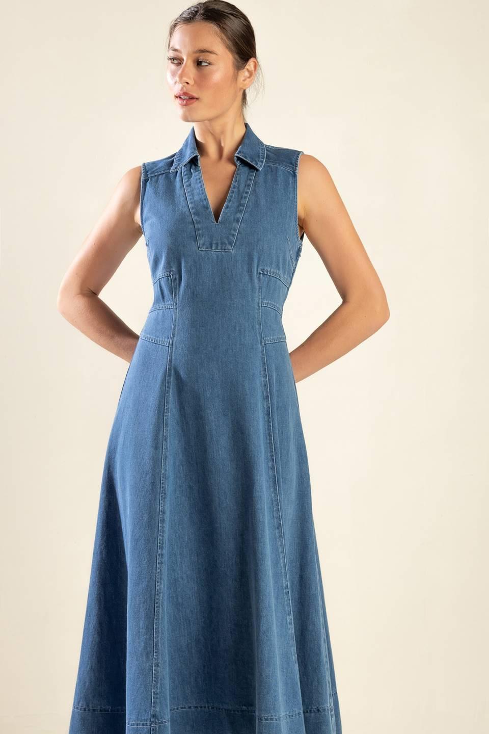 The Genevieve Denim Midi Dress in medium, view 4 — Soul Flow Apparel