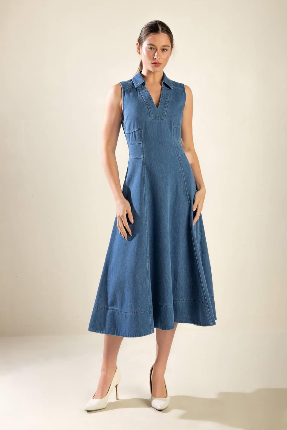 The Genevieve Denim Midi Dress in medium, view 5 — Soul Flow Apparel