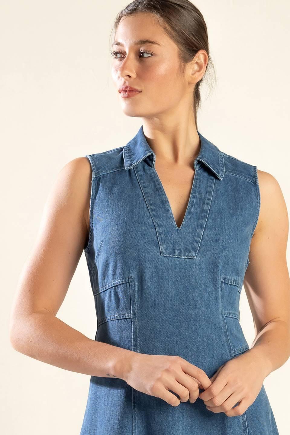 The Genevieve Denim Midi Dress in medium, view 6 — Soul Flow Apparel