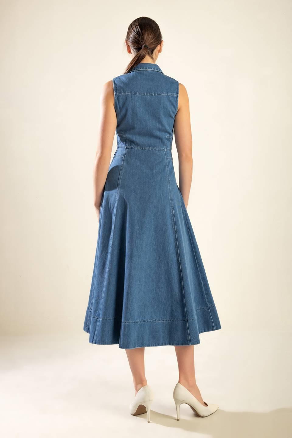 The Genevieve Denim Midi Dress in medium, view 7 — Soul Flow Apparel