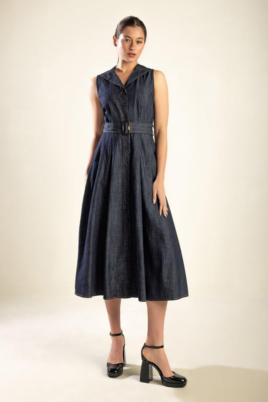 Oasis of Calm Rigid Denim Midi Dress in indigo, view 1 — Soul Flow Apparel