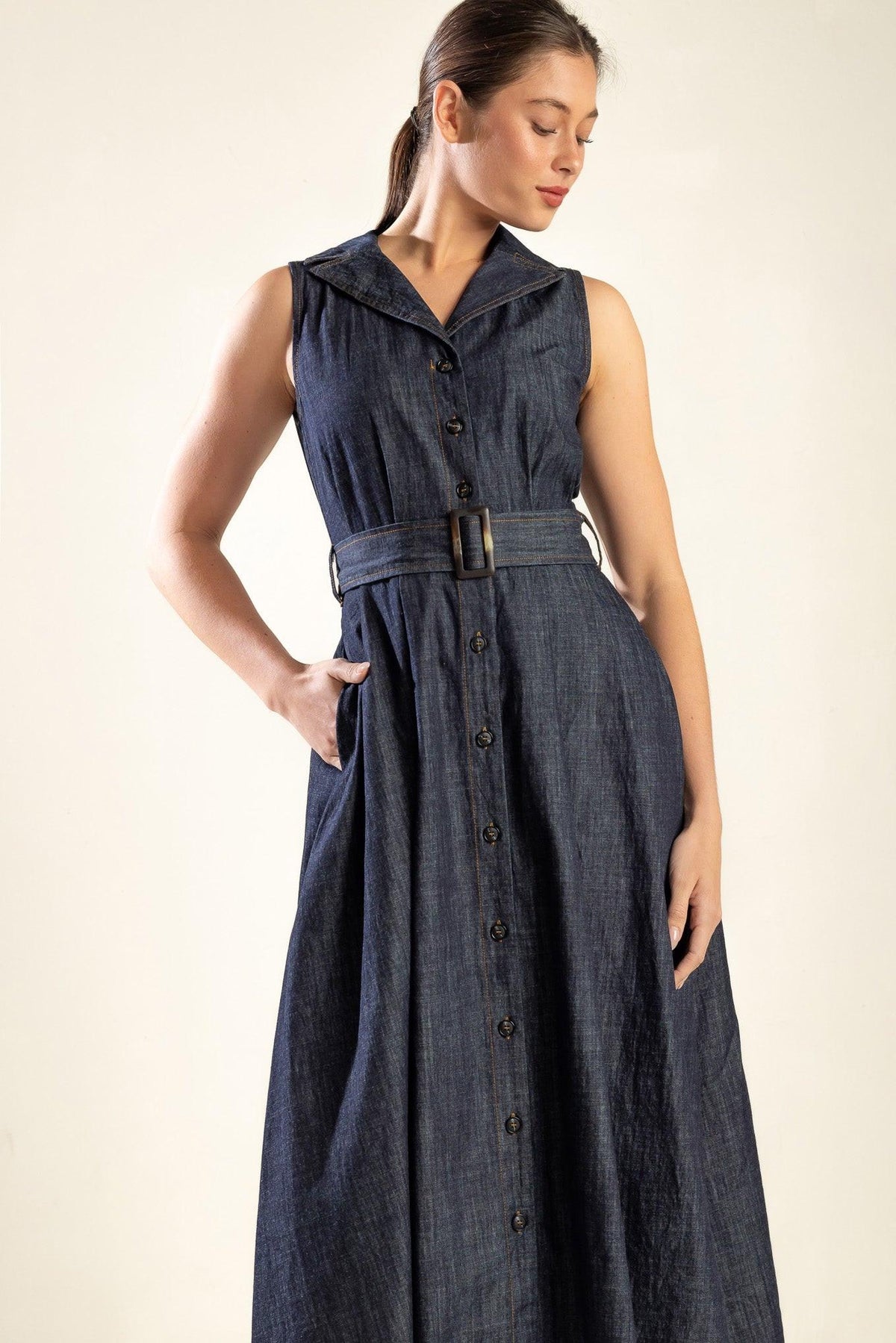 Oasis of Calm Rigid Denim Midi Dress in indigo, view 2 — Soul Flow Apparel
