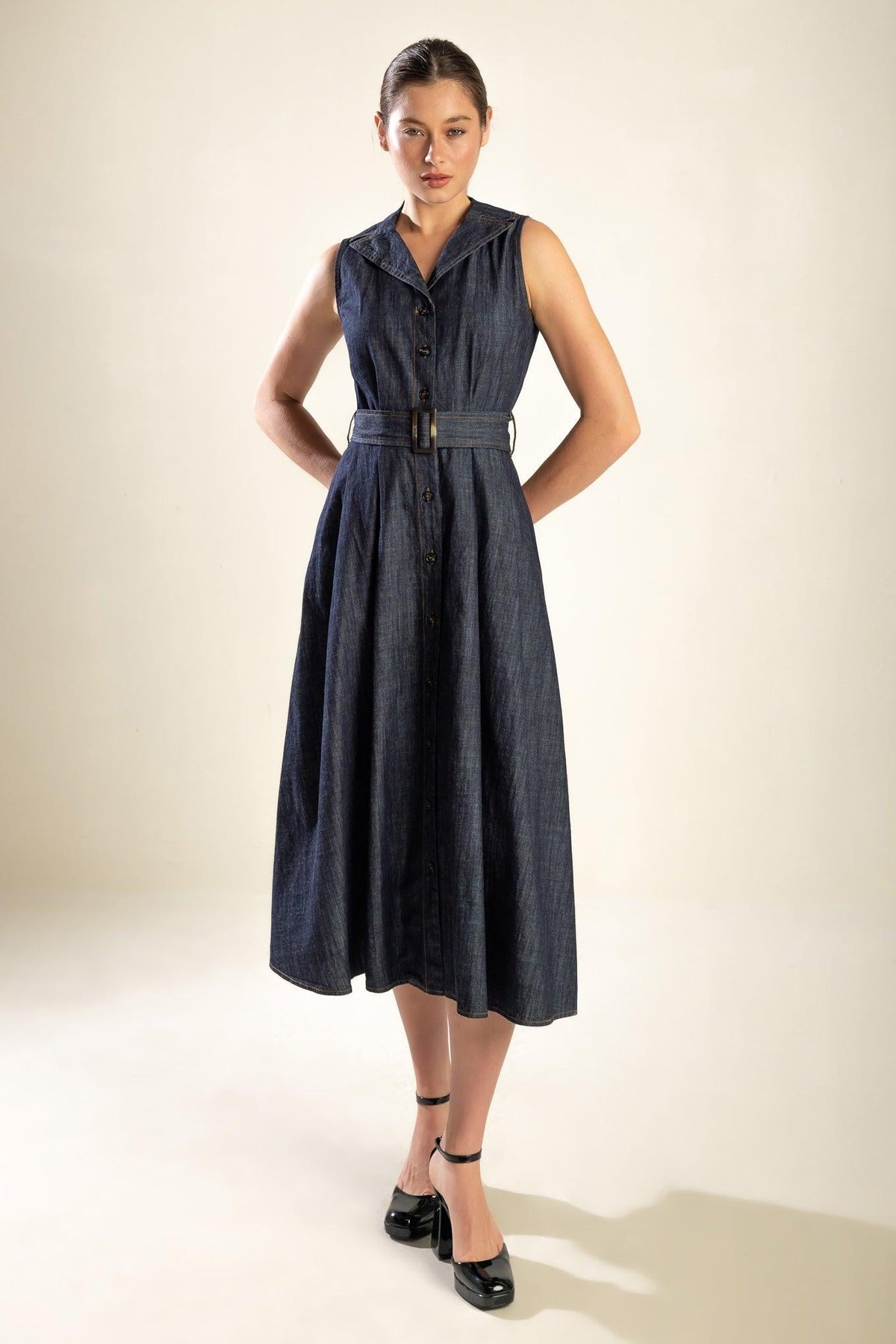 Oasis of Calm Rigid Denim Midi Dress in indigo, view 4 — Soul Flow Apparel