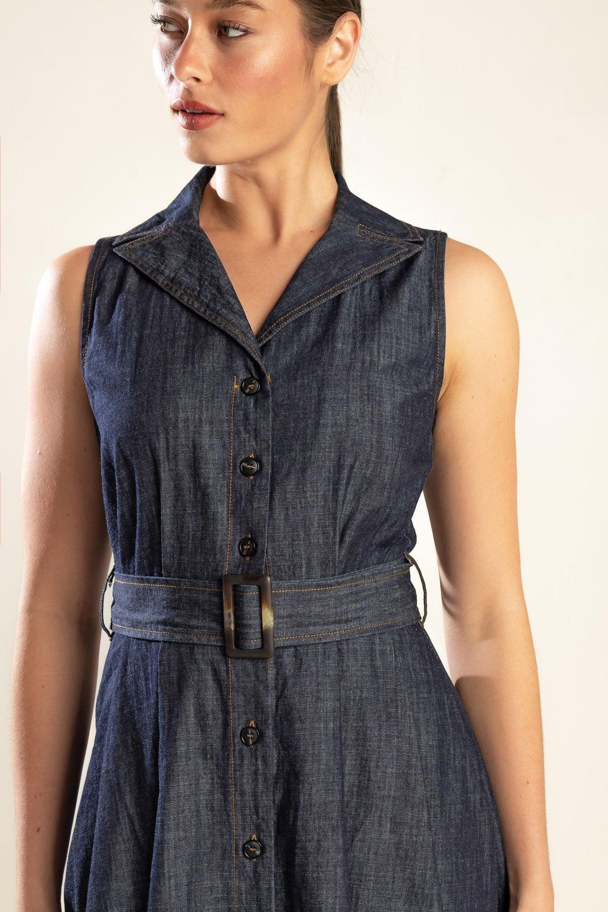 Oasis of Calm Rigid Denim Midi Dress in indigo, view 5 — Soul Flow Apparel