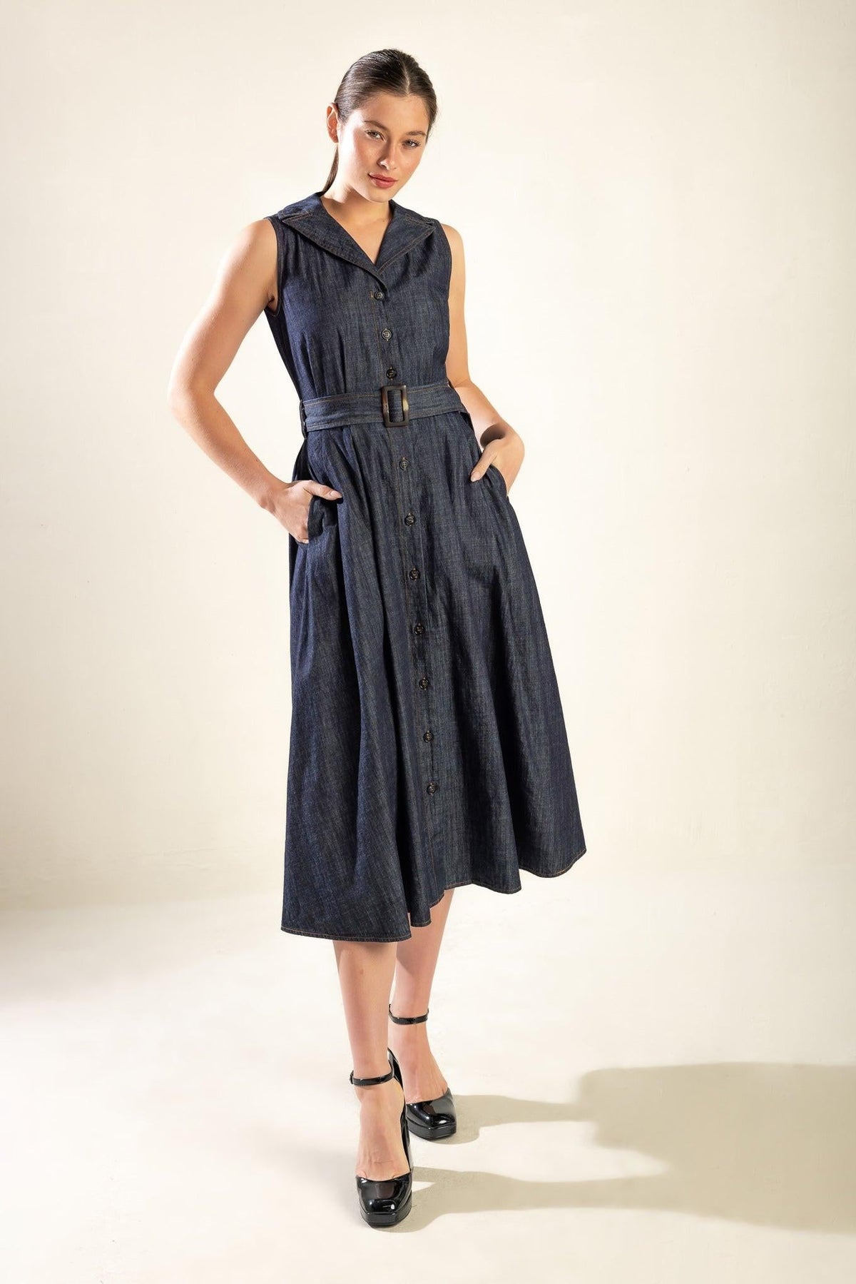 Oasis of Calm Rigid Denim Midi Dress in indigo, view 6 — Soul Flow Apparel