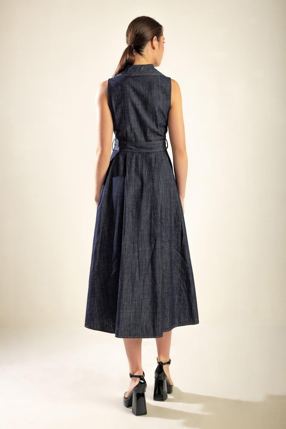 Oasis of Calm Rigid Denim Midi Dress in indigo, view 7 — Soul Flow Apparel