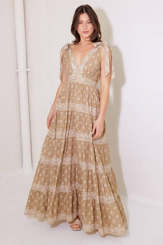 Cuddly Attitude Taupe Woven Maxi Dress in taupe white, view 2 — Soul Flow Apparel