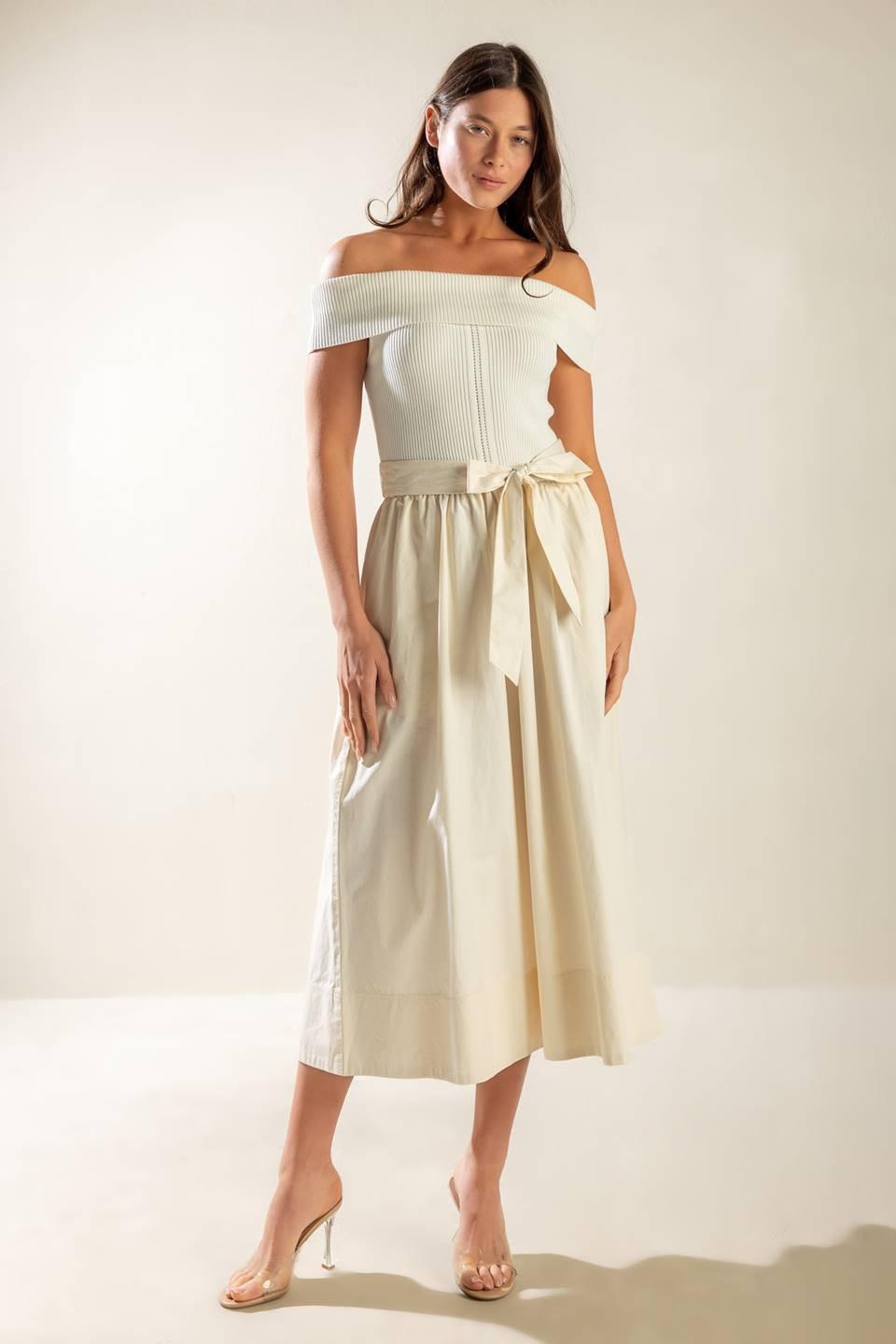 Social Season Off Shoulder Midi Dress in ecru, view 1 — Soul Flow Apparel