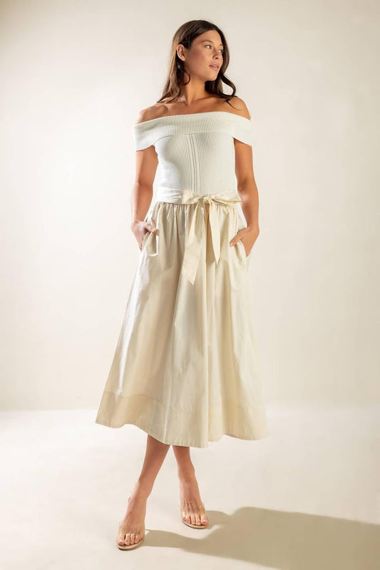 Social Season Off Shoulder Midi Dress in ecru, view 2 — Soul Flow Apparel