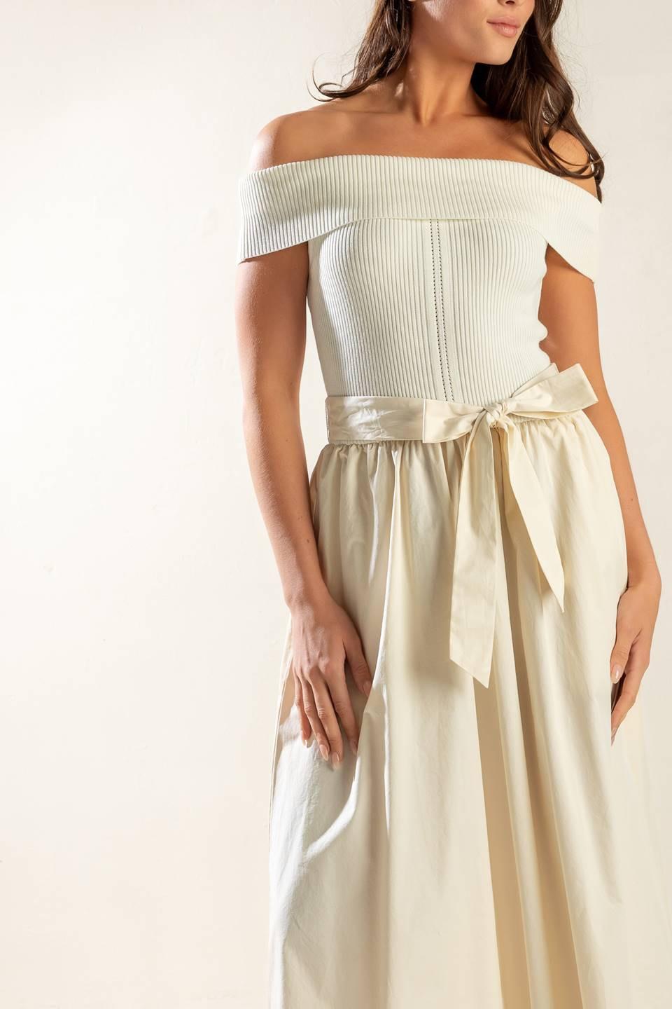 Social Season Off Shoulder Midi Dress in ecru, view 3 — Soul Flow Apparel