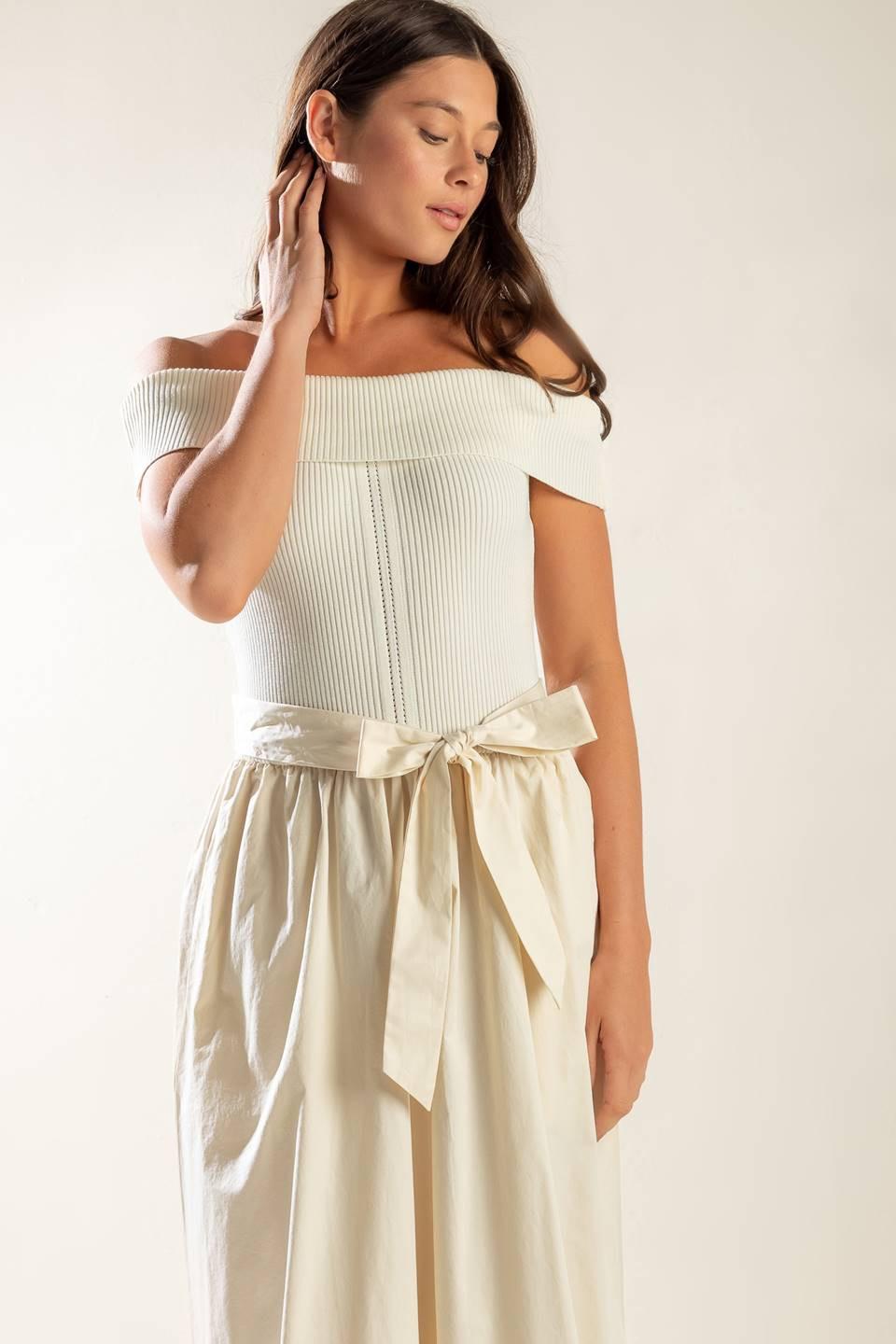 Social Season Off Shoulder Midi Dress in ecru, view 4 — Soul Flow Apparel