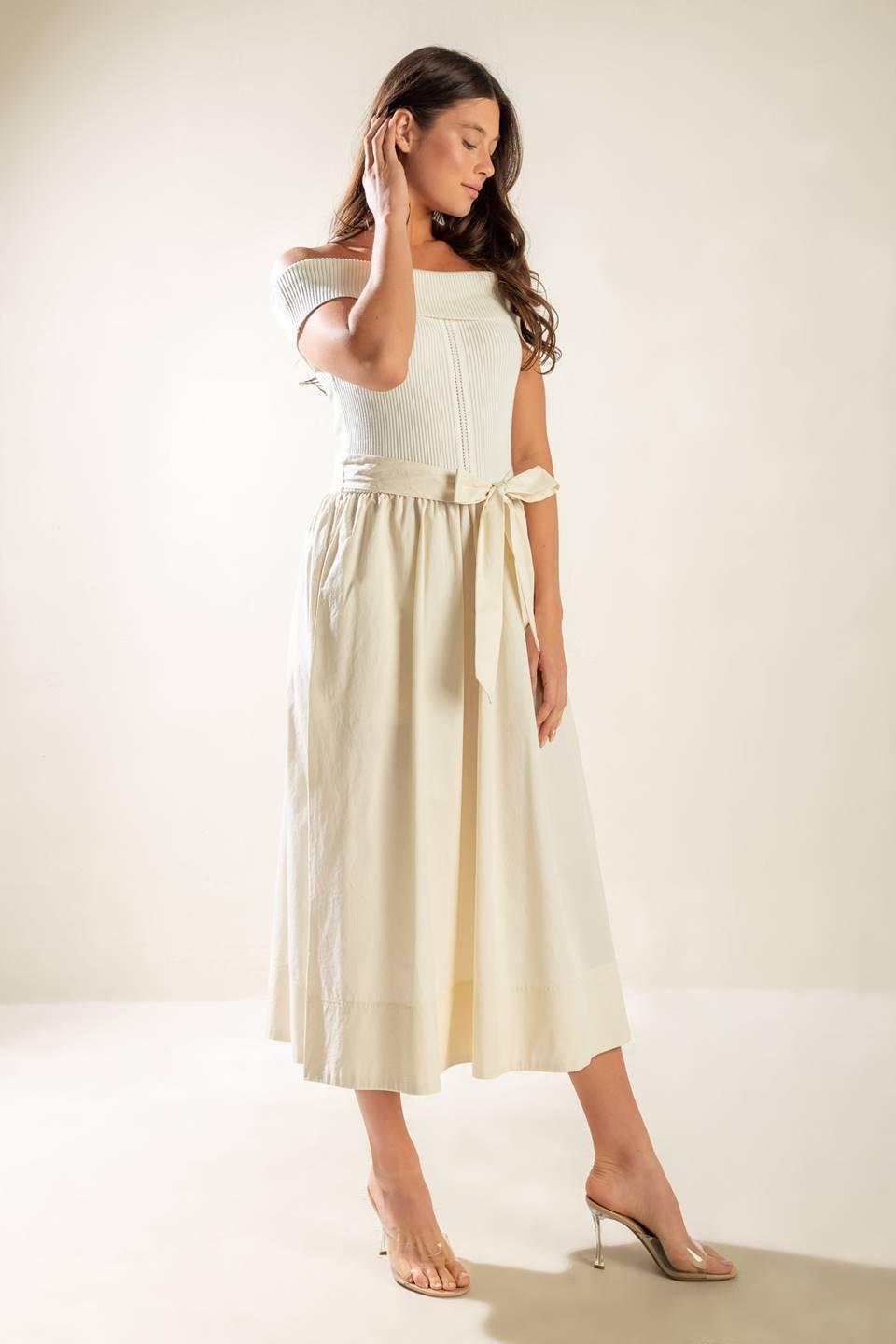 Social Season Off Shoulder Midi Dress in ecru, view 5 — Soul Flow Apparel