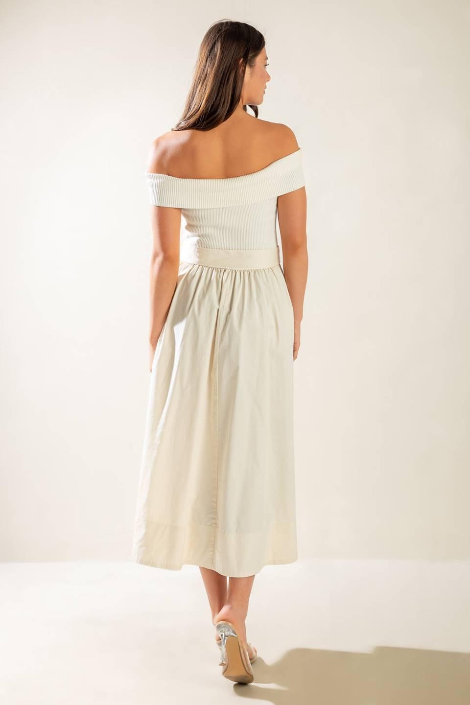 Social Season Off Shoulder Midi Dress in ecru, view 6 — Soul Flow Apparel