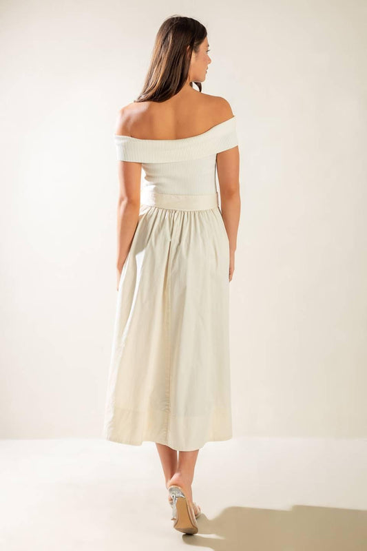 Social Season Off Shoulder Midi Dress in ecru, view 6 — Soul Flow Apparel