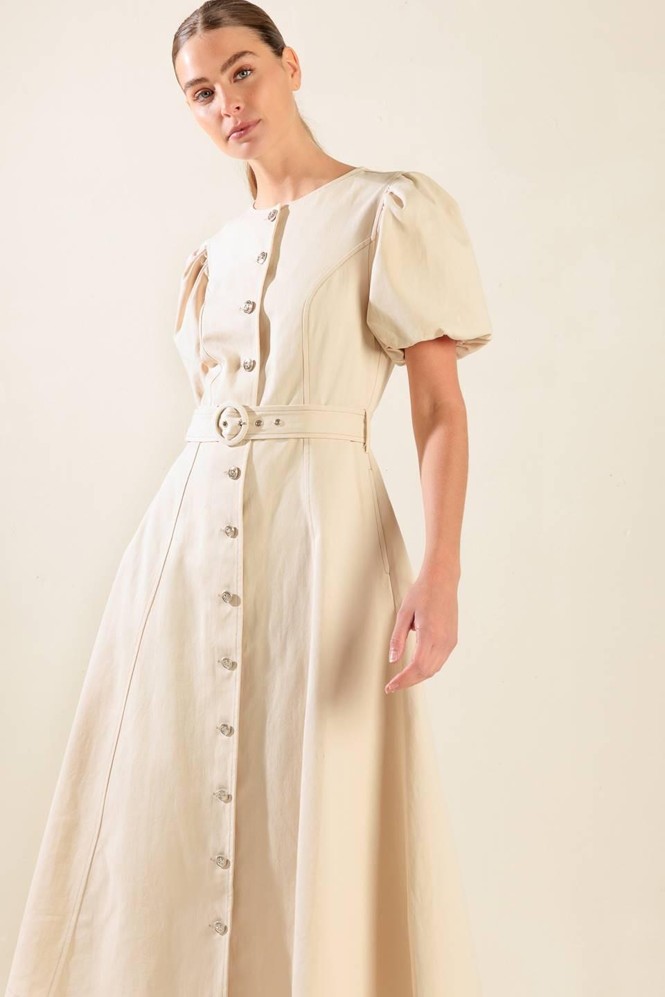 Captured By the Night Twill Midi Dress in ecru, view 1 — Soul Flow Apparel