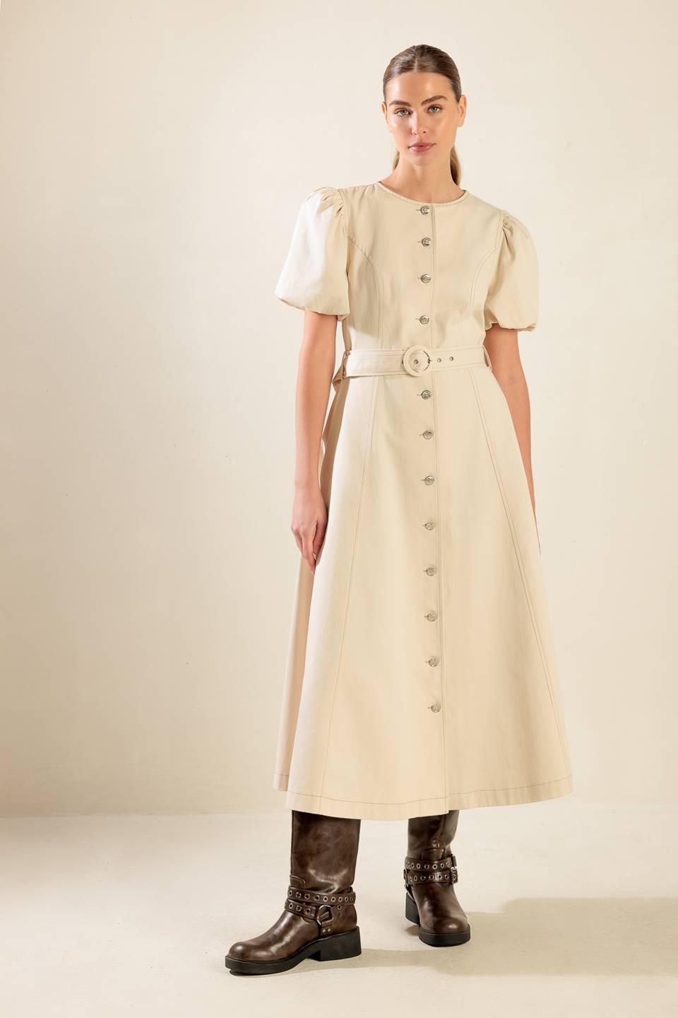 Captured By the Night Twill Midi Dress in ecru, view 2 — Soul Flow Apparel