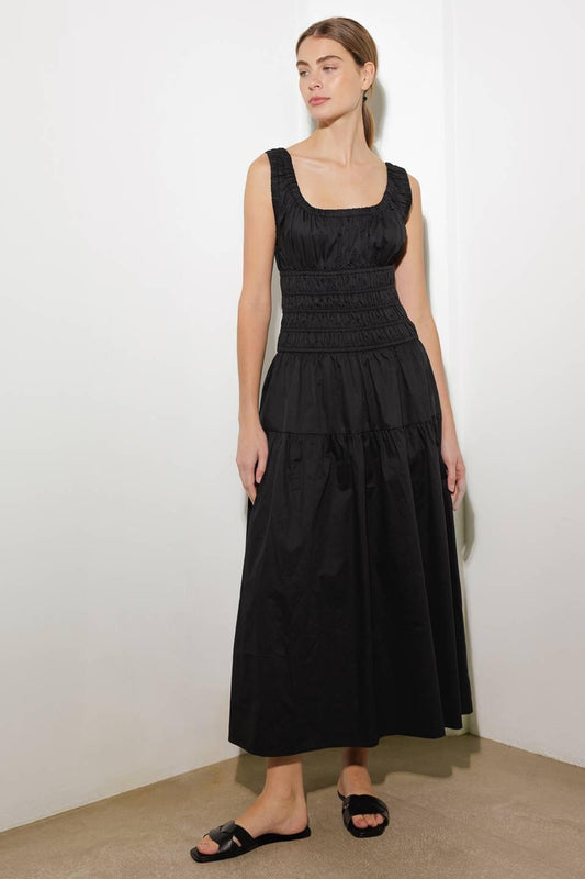 Loveliest Looks Black Woven Midi Dress, view 1 — Soul Flow Apparel