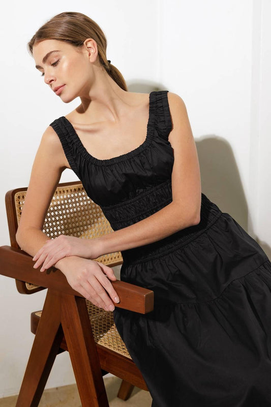 Loveliest Looks Black Woven Midi Dress, view 10 — Soul Flow Apparel