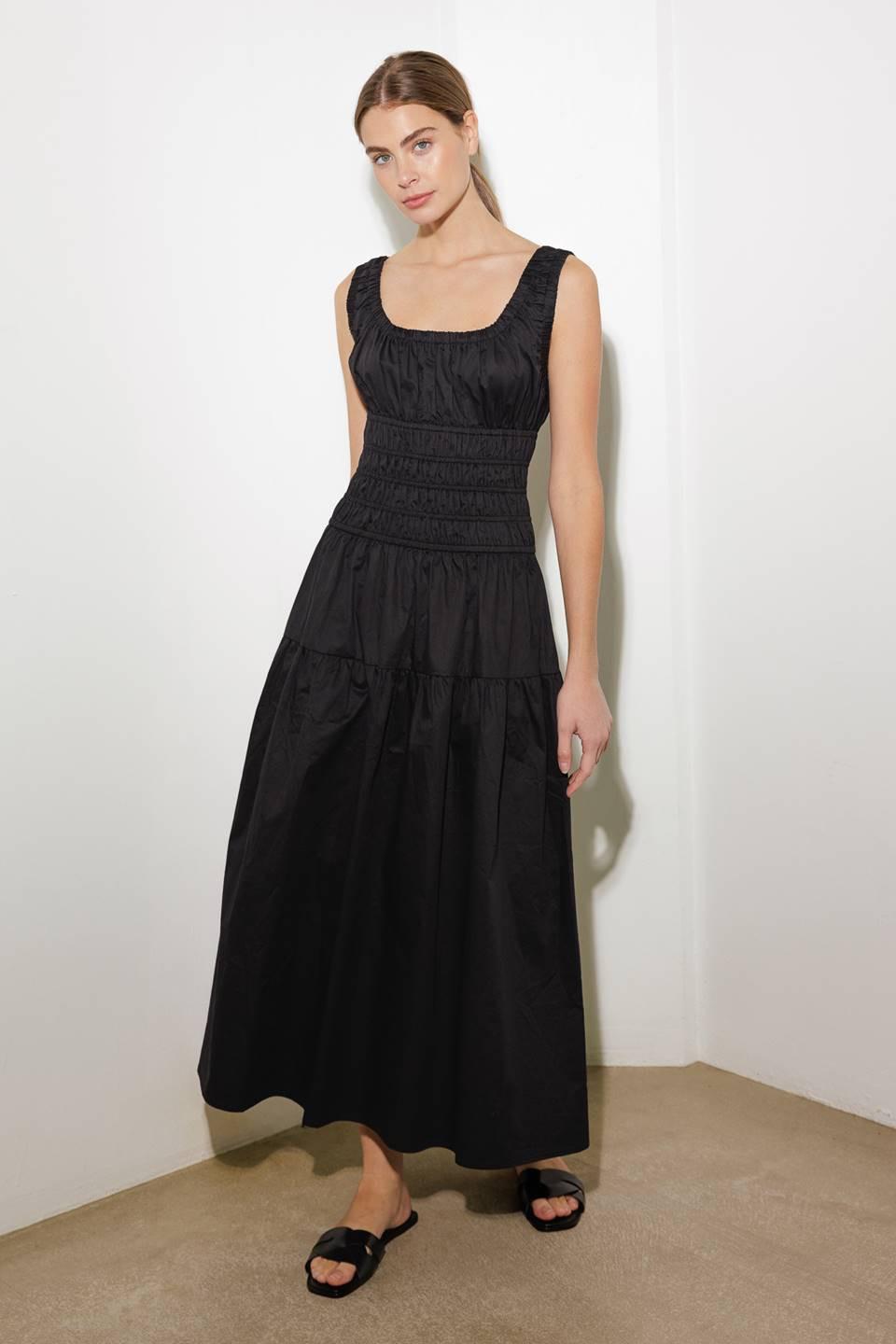 Loveliest Looks Black Woven Midi Dress, view 2 — Soul Flow Apparel