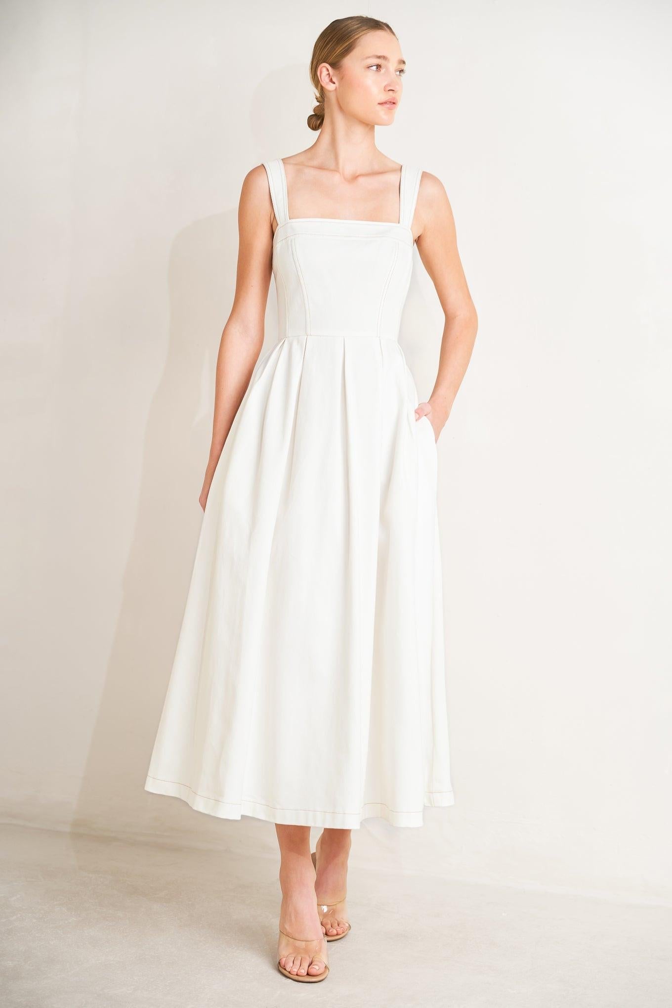 Serene Charm Woven Midi Dress in off-white, view 1 — Soul Flow Apparel