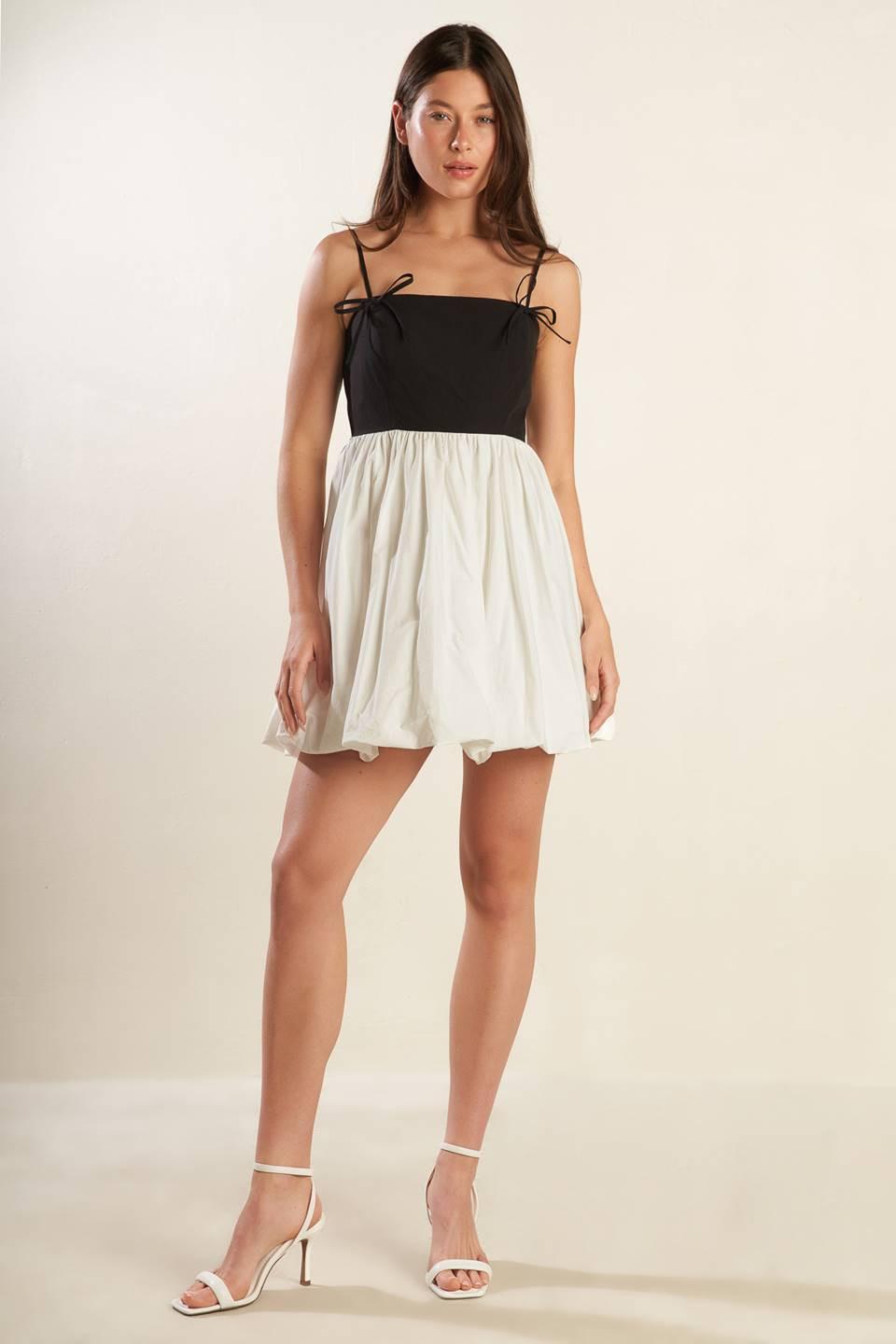 Patio Sensets Woven Combination Mini Dress in white black, view 1 — Soul Flow Apparel