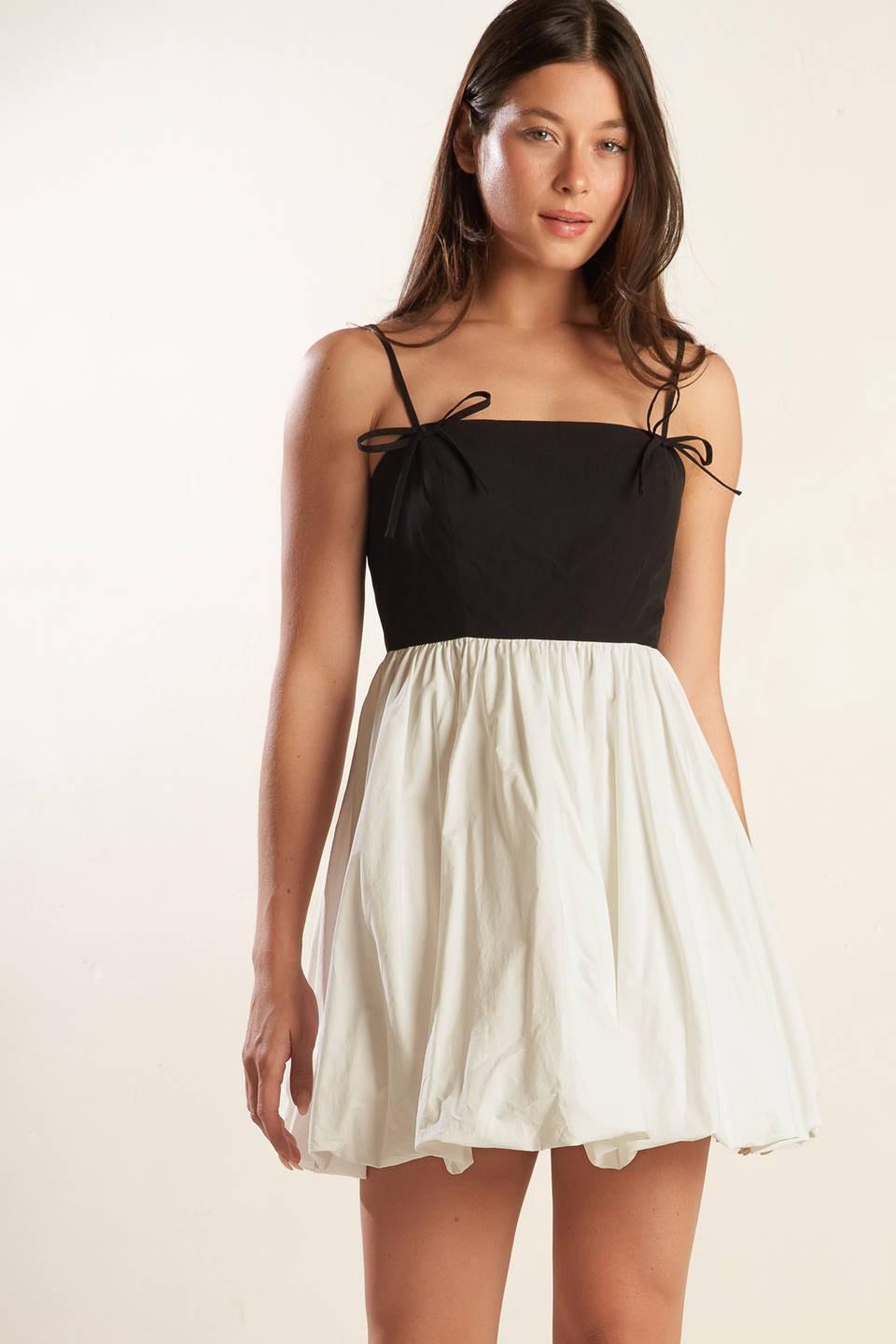 Patio Sensets Woven Combination Mini Dress in white black, view 2 — Soul Flow Apparel