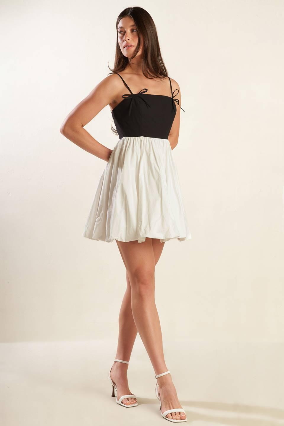Patio Sensets Woven Combination Mini Dress in white black, view 3 — Soul Flow Apparel