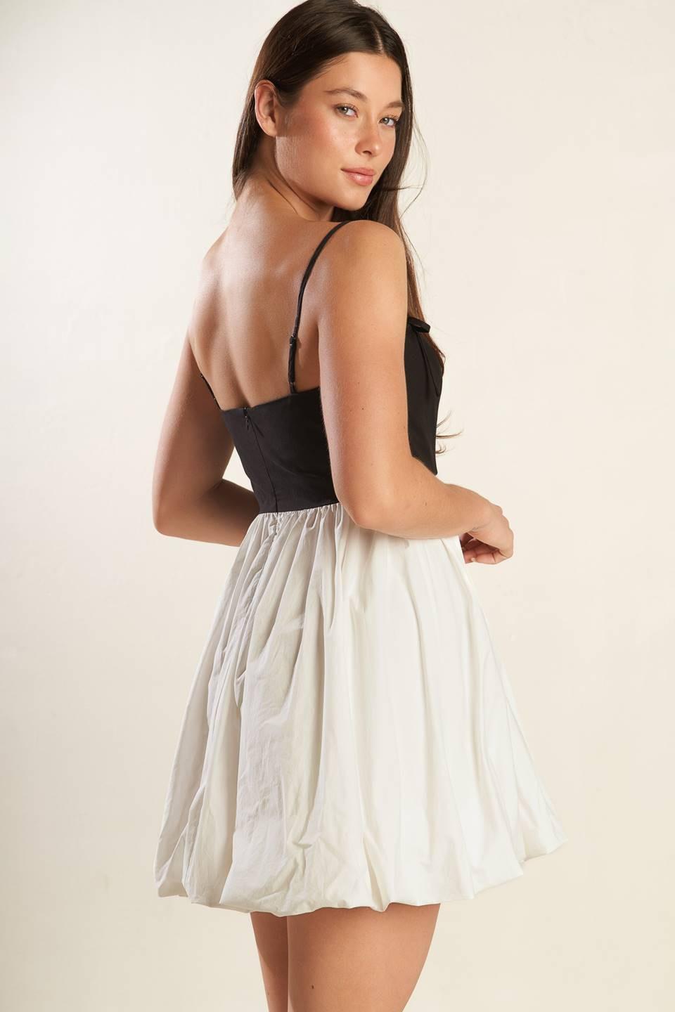 Patio Sensets Woven Combination Mini Dress in white black, view 4 — Soul Flow Apparel