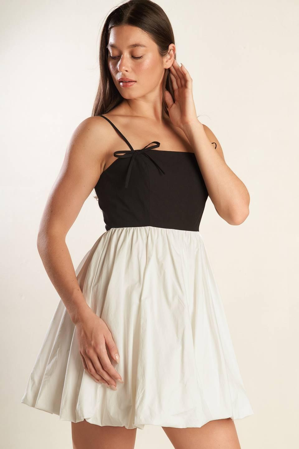 Patio Sensets Woven Combination Mini Dress in white black, view 5 — Soul Flow Apparel