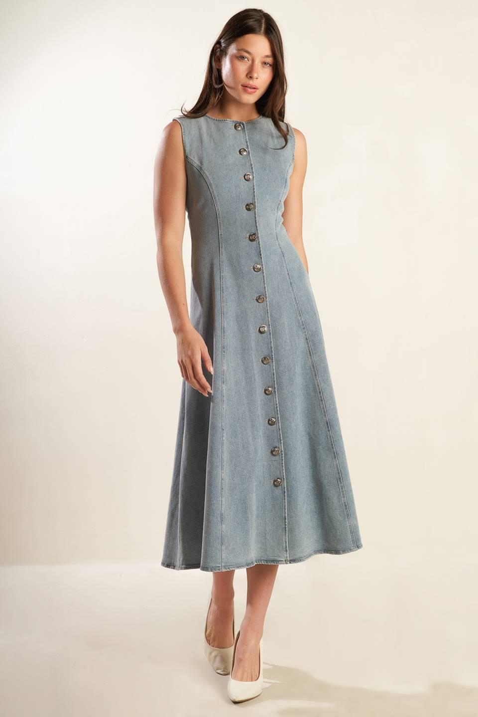Nautical & Nice Denim Midi Dress in light, view 1 — Soul Flow Apparel