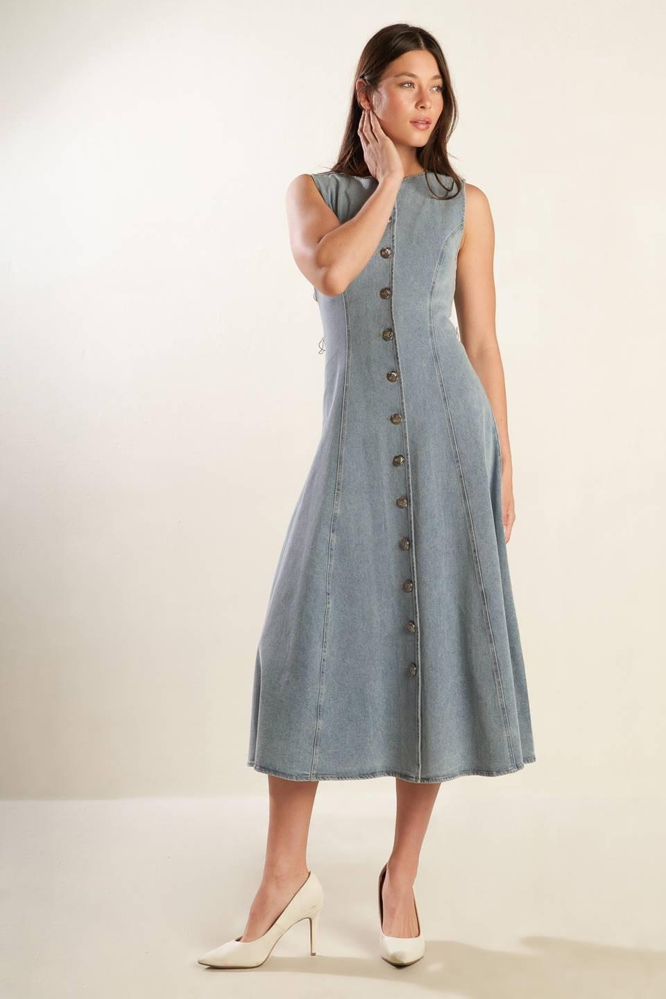 Nautical & Nice Denim Midi Dress in light, view 2 — Soul Flow Apparel