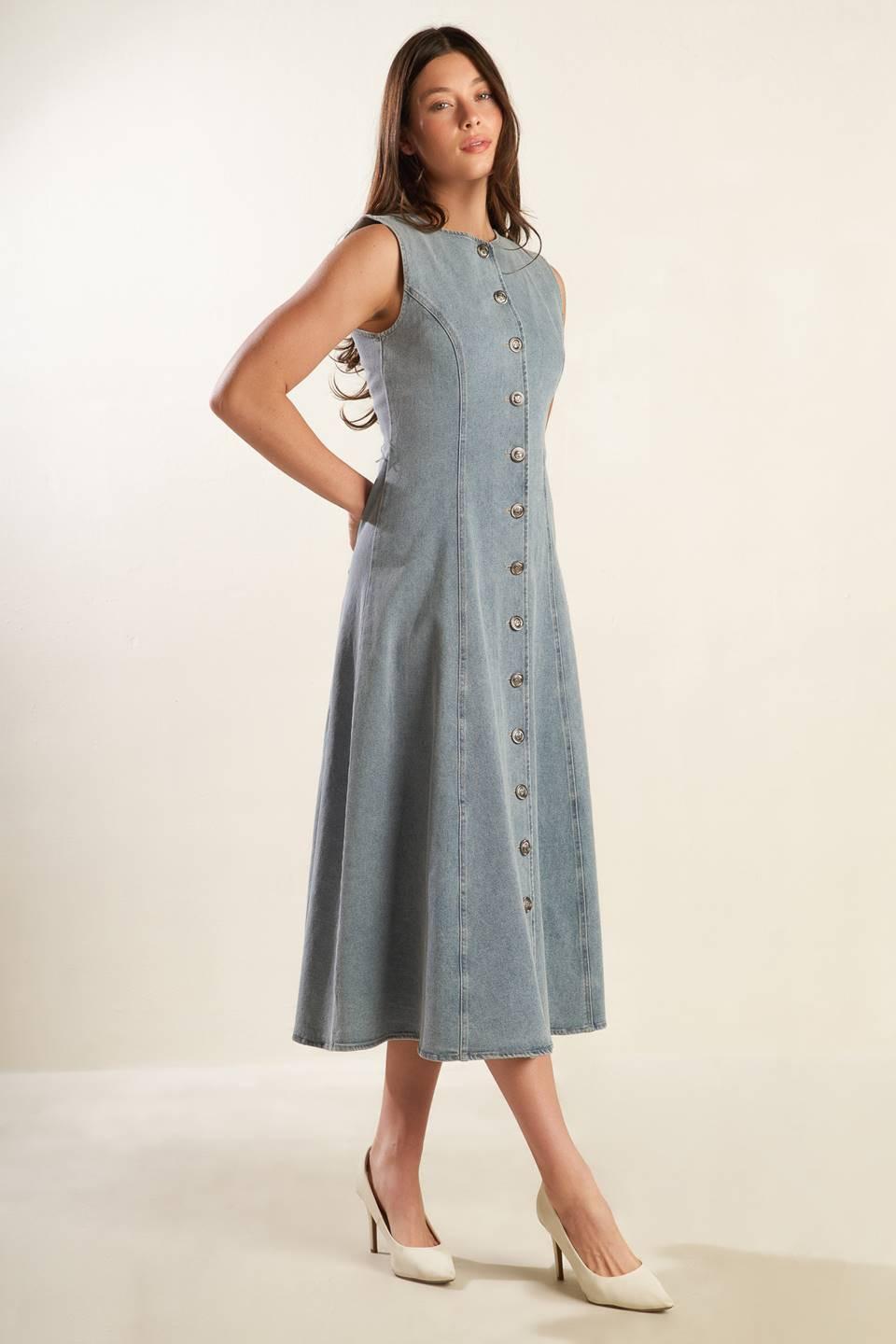 Nautical & Nice Denim Midi Dress in light, view 3 — Soul Flow Apparel