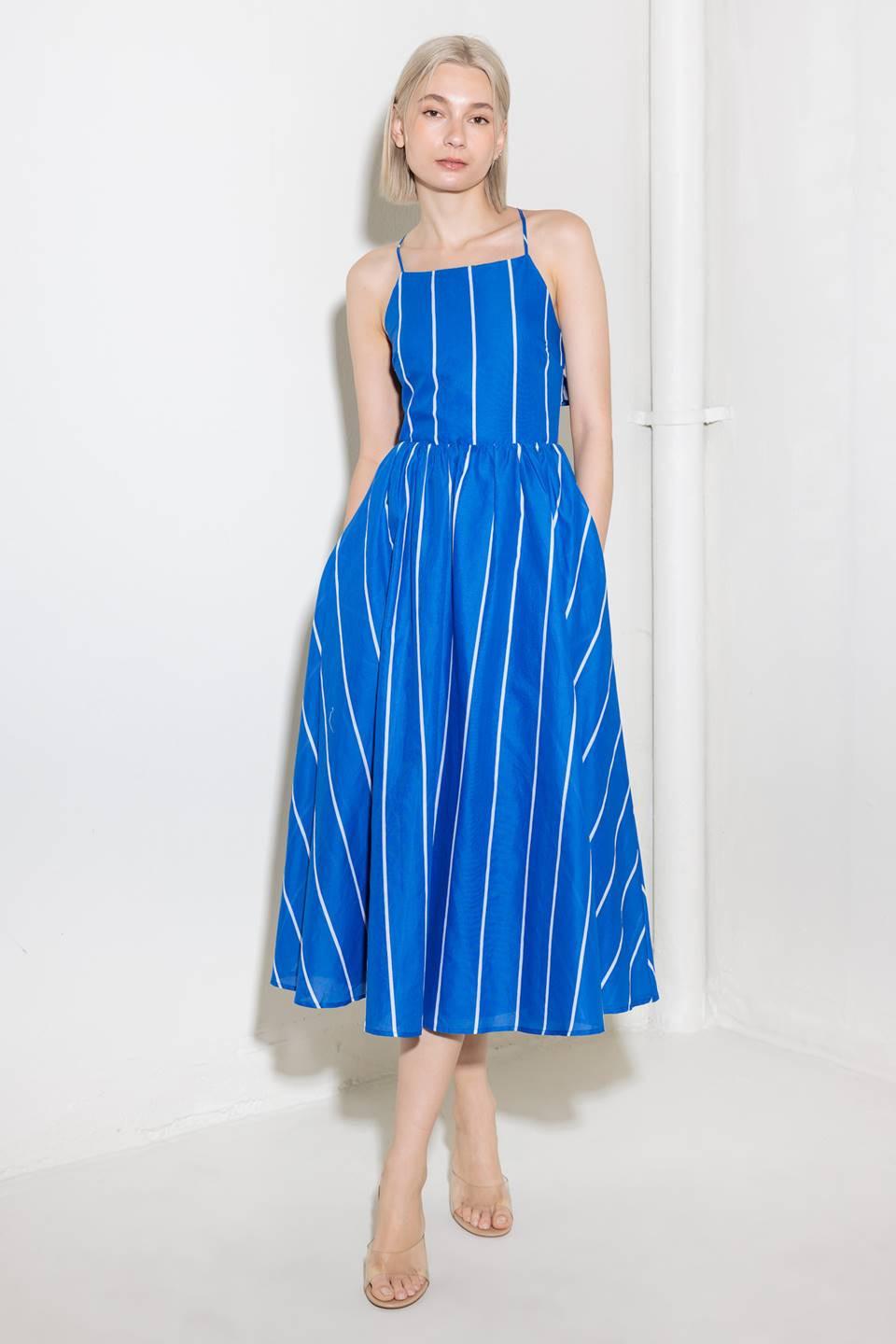 Let the Good in Blue Woven Midi Dress in white, view 1 — Soul Flow Apparel