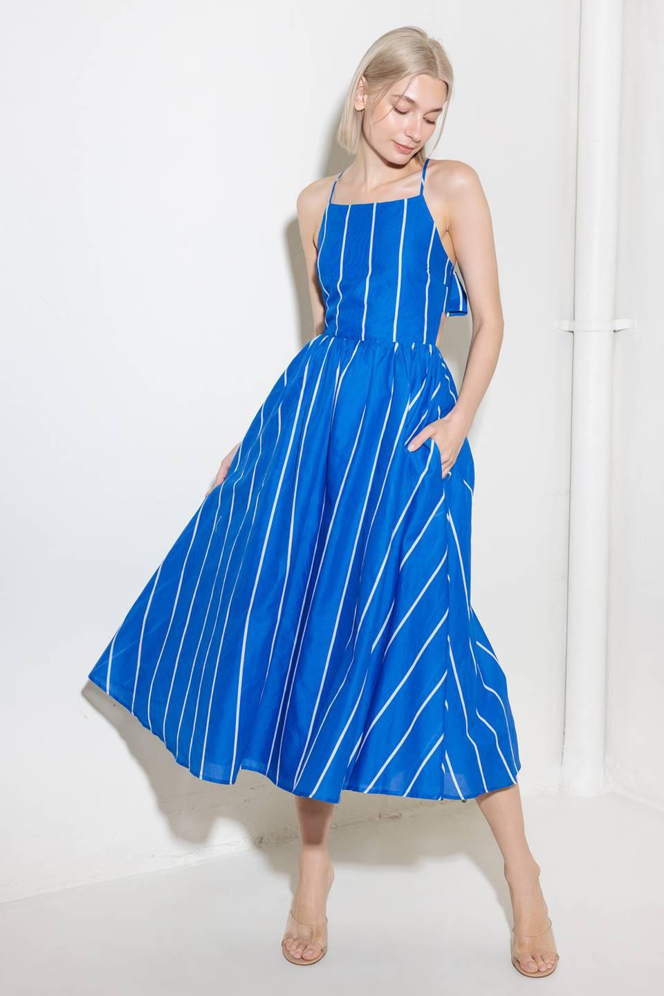 Let the Good in Blue Woven Midi Dress in white, view 3 — Soul Flow Apparel